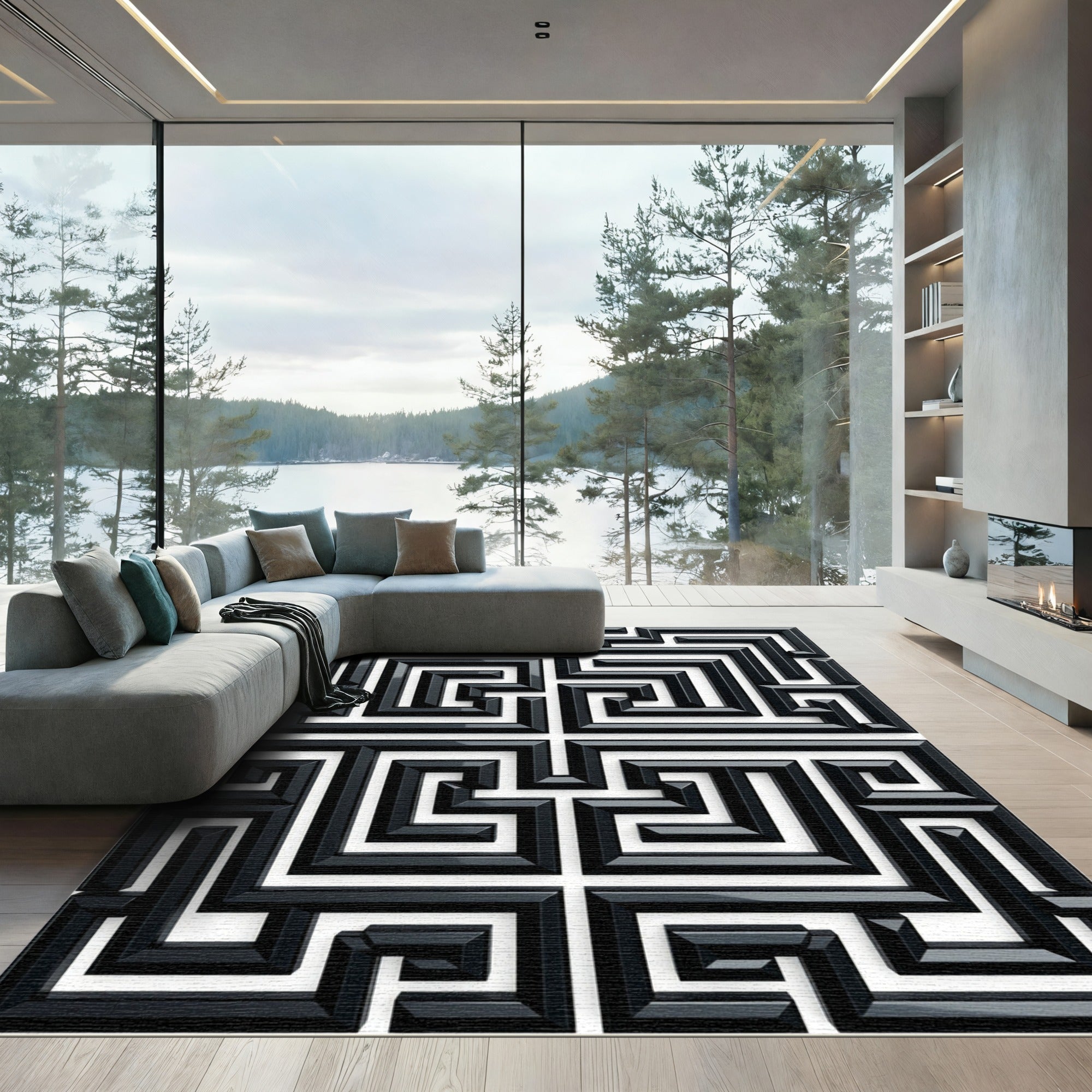 Black White Meandering Square Path Rug
