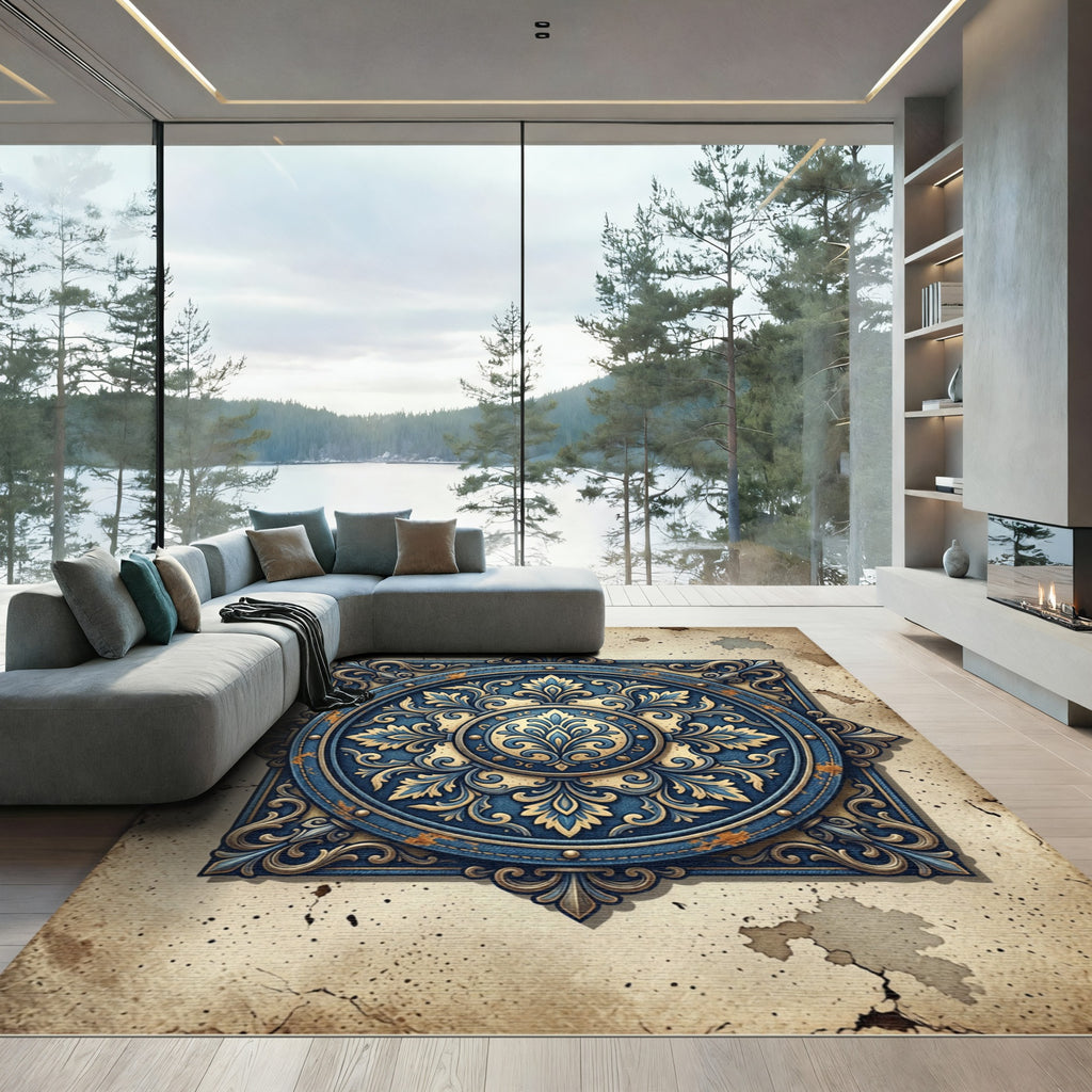 Antique Blue Golden Floral Medallion Rug