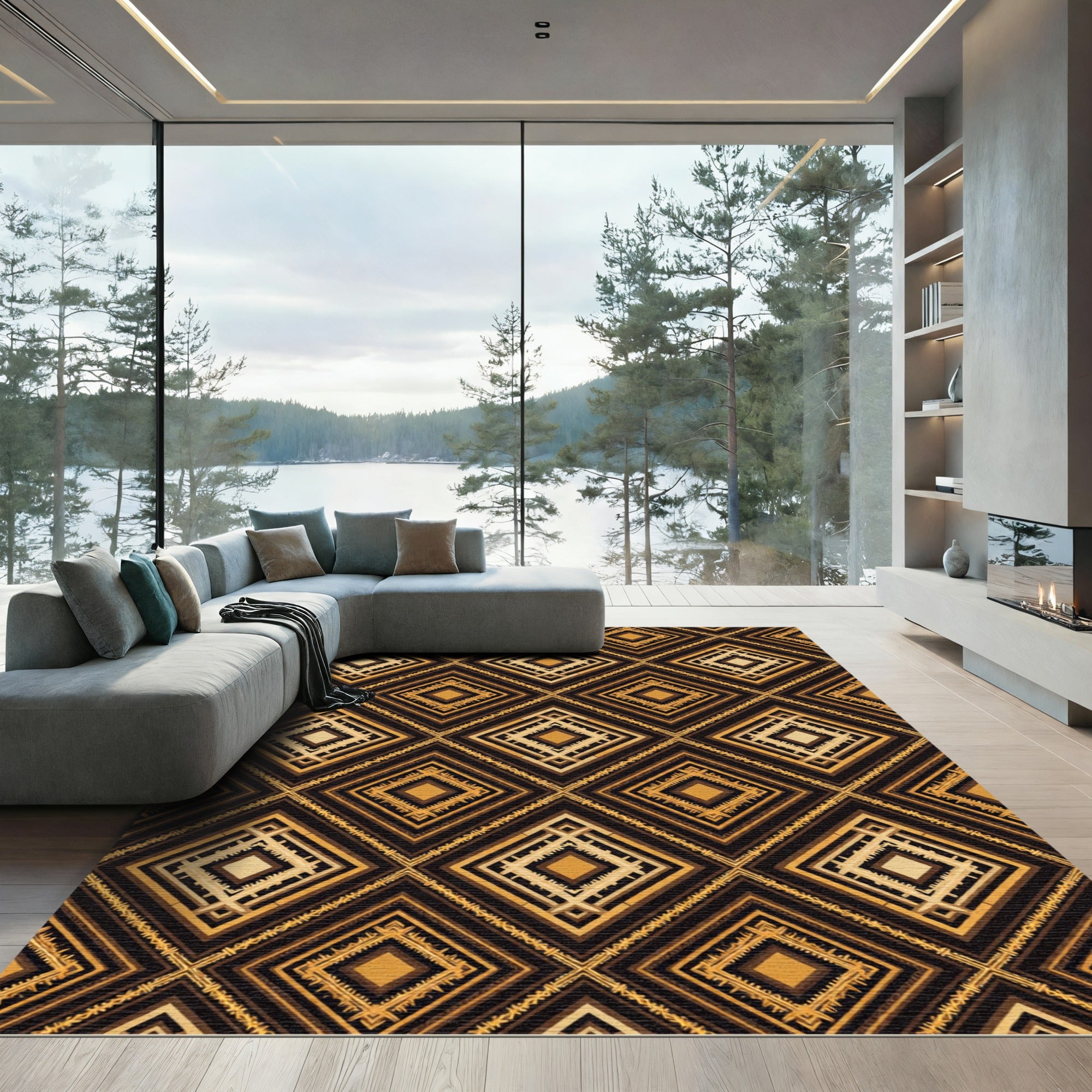 Golden Brown Art Deco Diamond Pattern Rug