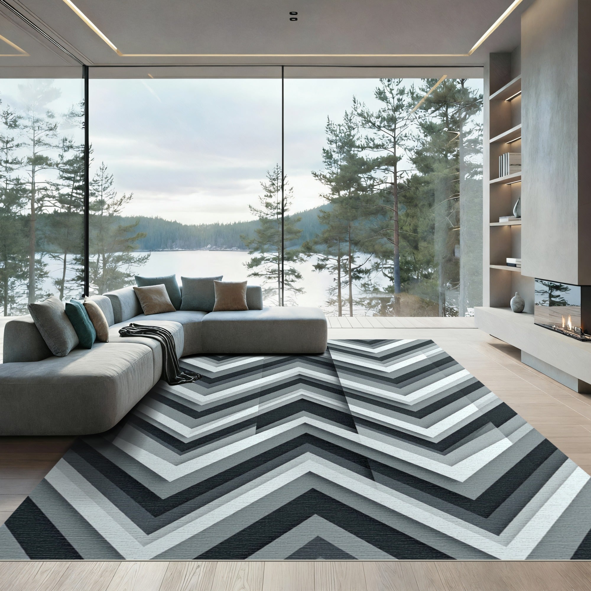 Monochrome Chevron Layered Geometric Gray Rug