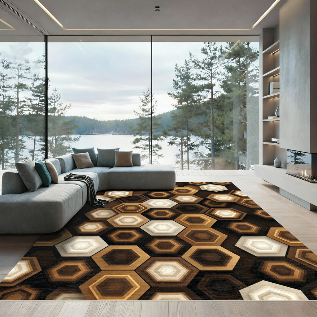 Sophisticated Brown Geometric Hexagon Rug