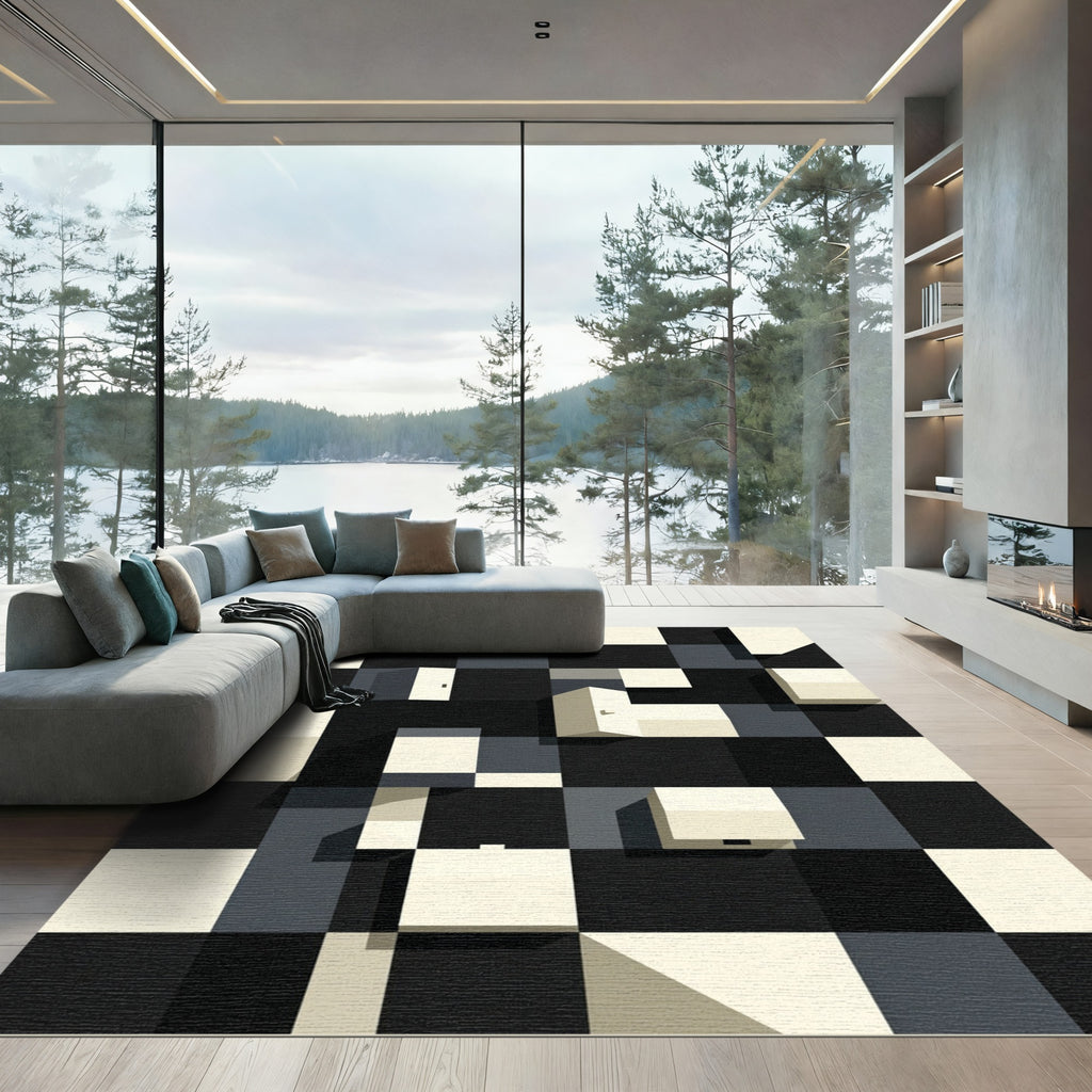 Monochromatic Checkerboard Architectural Forms Rug