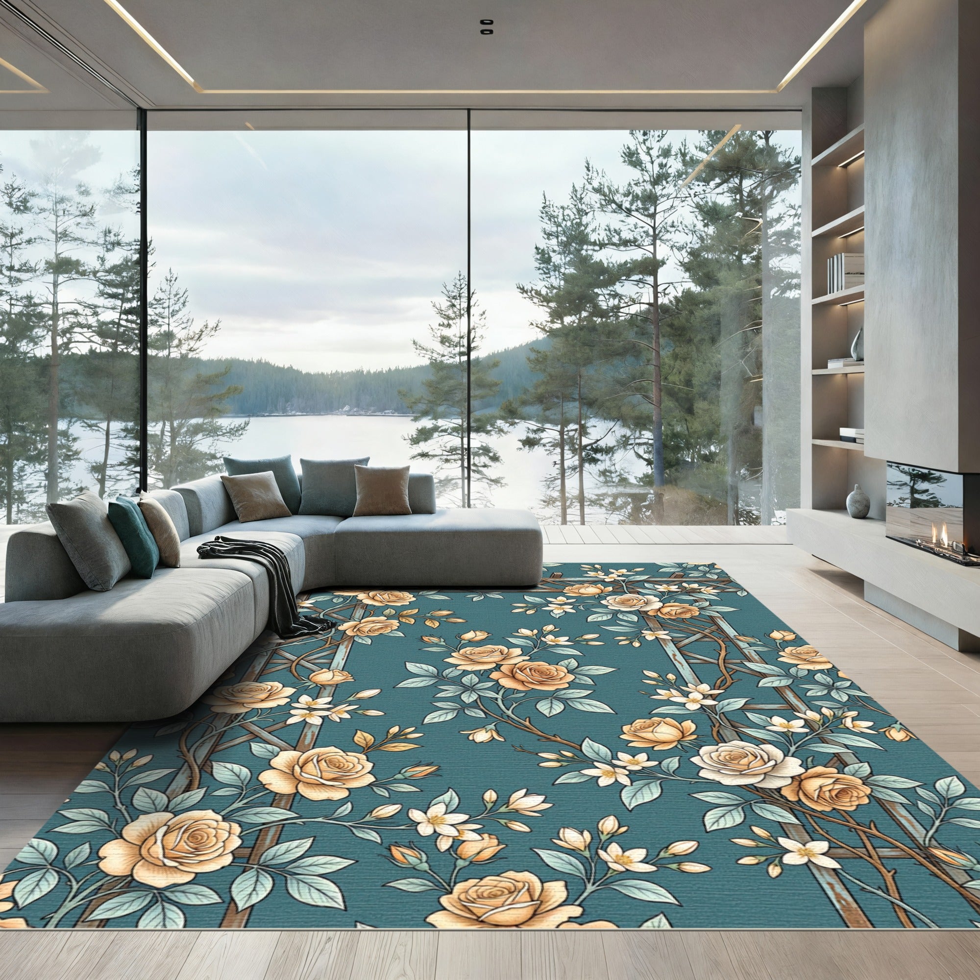 Apricot Roses Climbing Trellis Rug