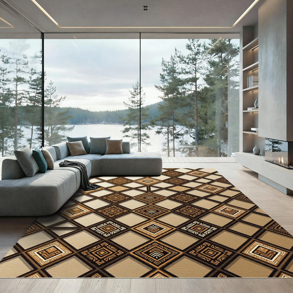 Golden Geometric Diamond Tribal Area Rug