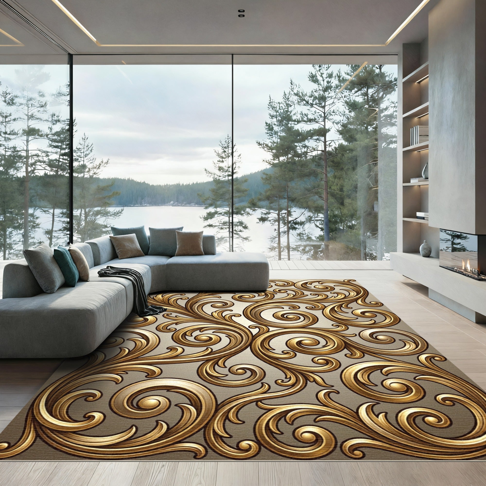 Ornate Golden Baroque Scrollwork Rug