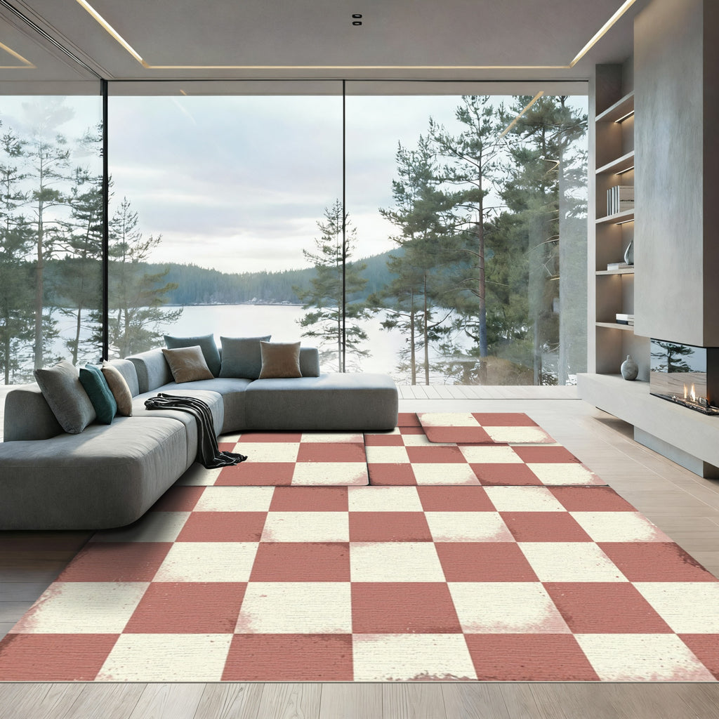 Terracotta White Checkered Board Rug