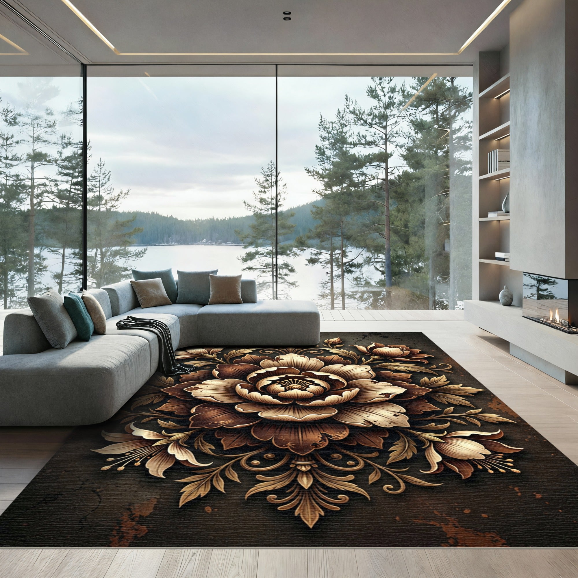 Ornate Gold Floral Arrangement Rug