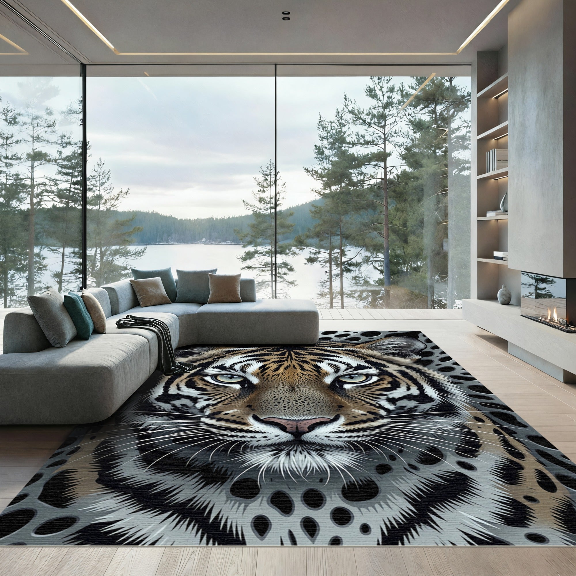 Fierce Tiger Face Grayscale Background Rug