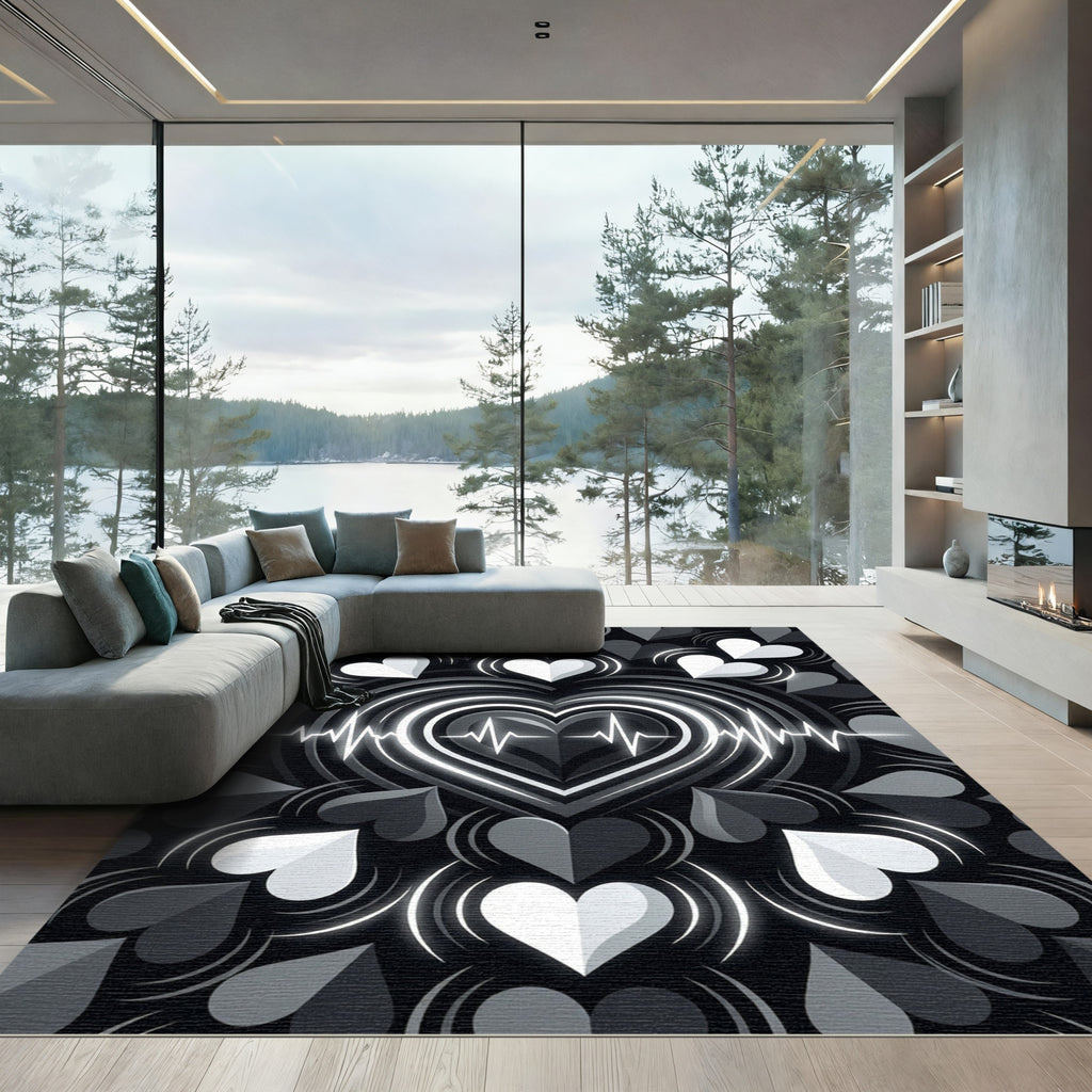 Minimalist Monochrome EKG Heart Echo Rug