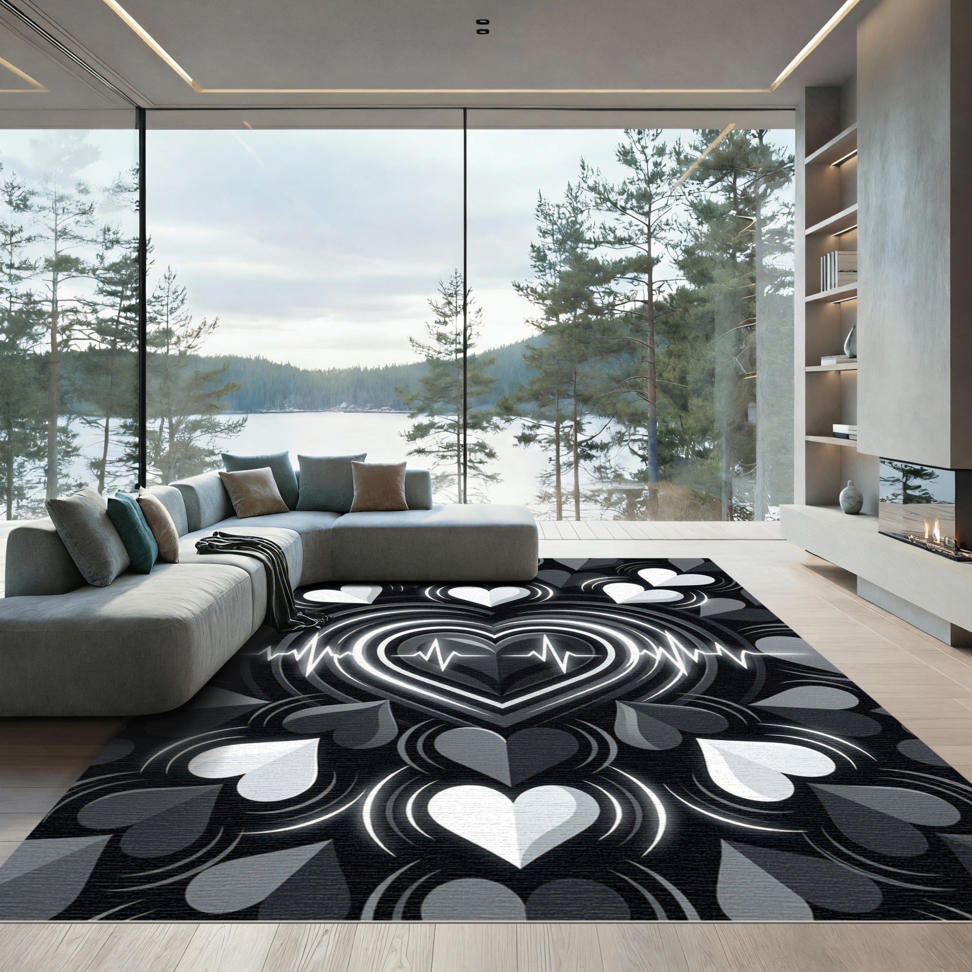 Minimalist Monochrome EKG Heart Echo Rug