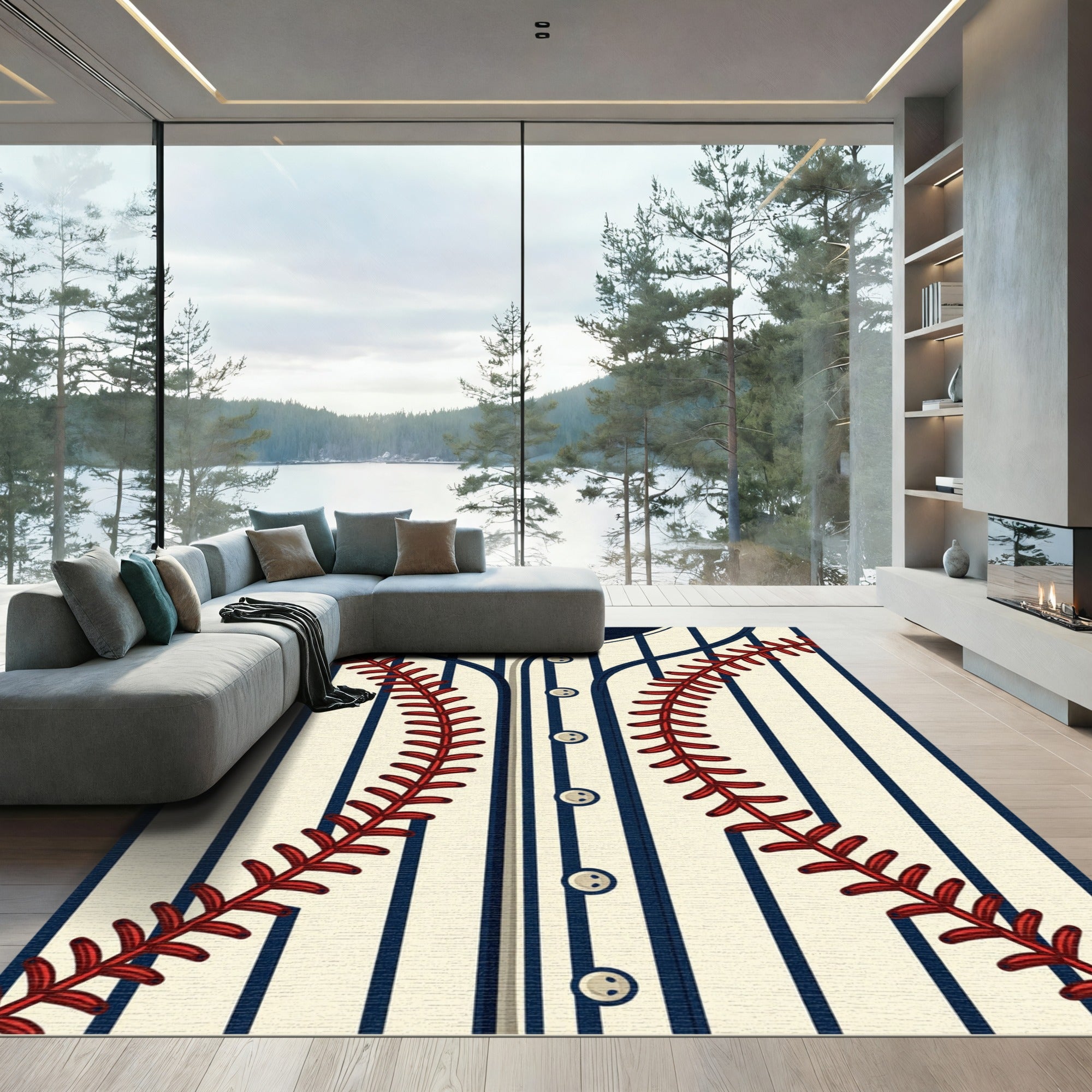 Stitched Baseball Seams Pinstripe Cream Rug
