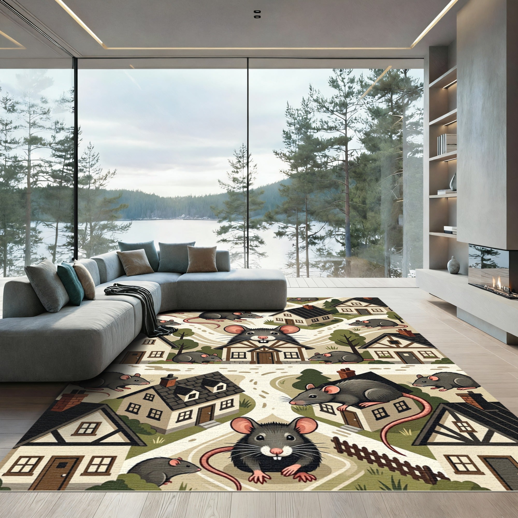 Whimsical Charcoal Mouse Village Illustration Rug