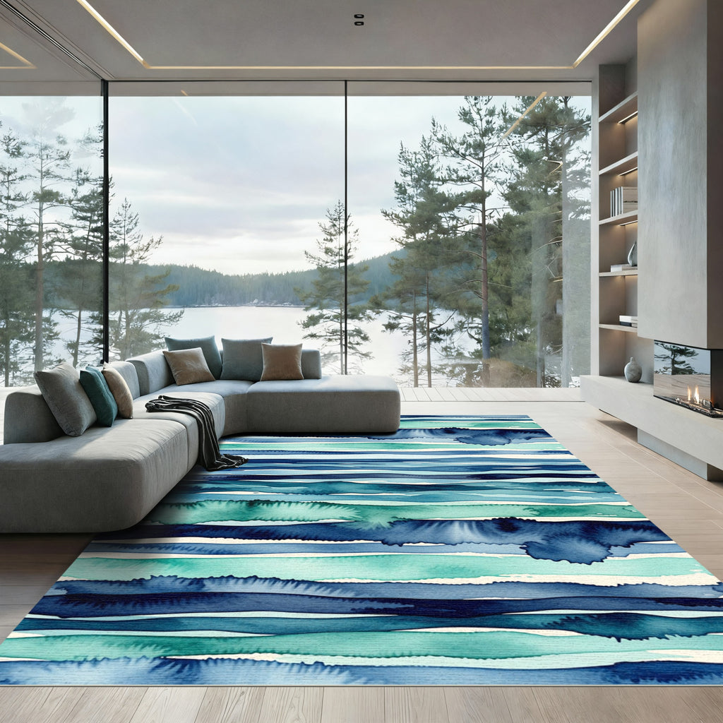 Watercolor Ocean Waves Teal Blue Stripes Rug