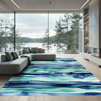 Watercolor Ocean Waves Teal Blue Stripes Rug
