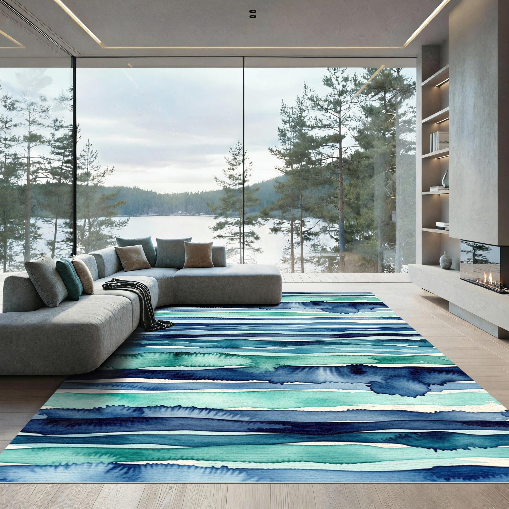 Watercolor Ocean Waves Teal Blue Stripes Rug