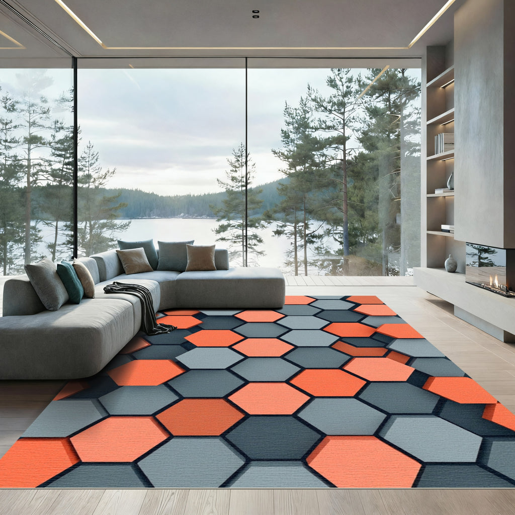 Modern Geometric Coral Gray Hexagons Rug