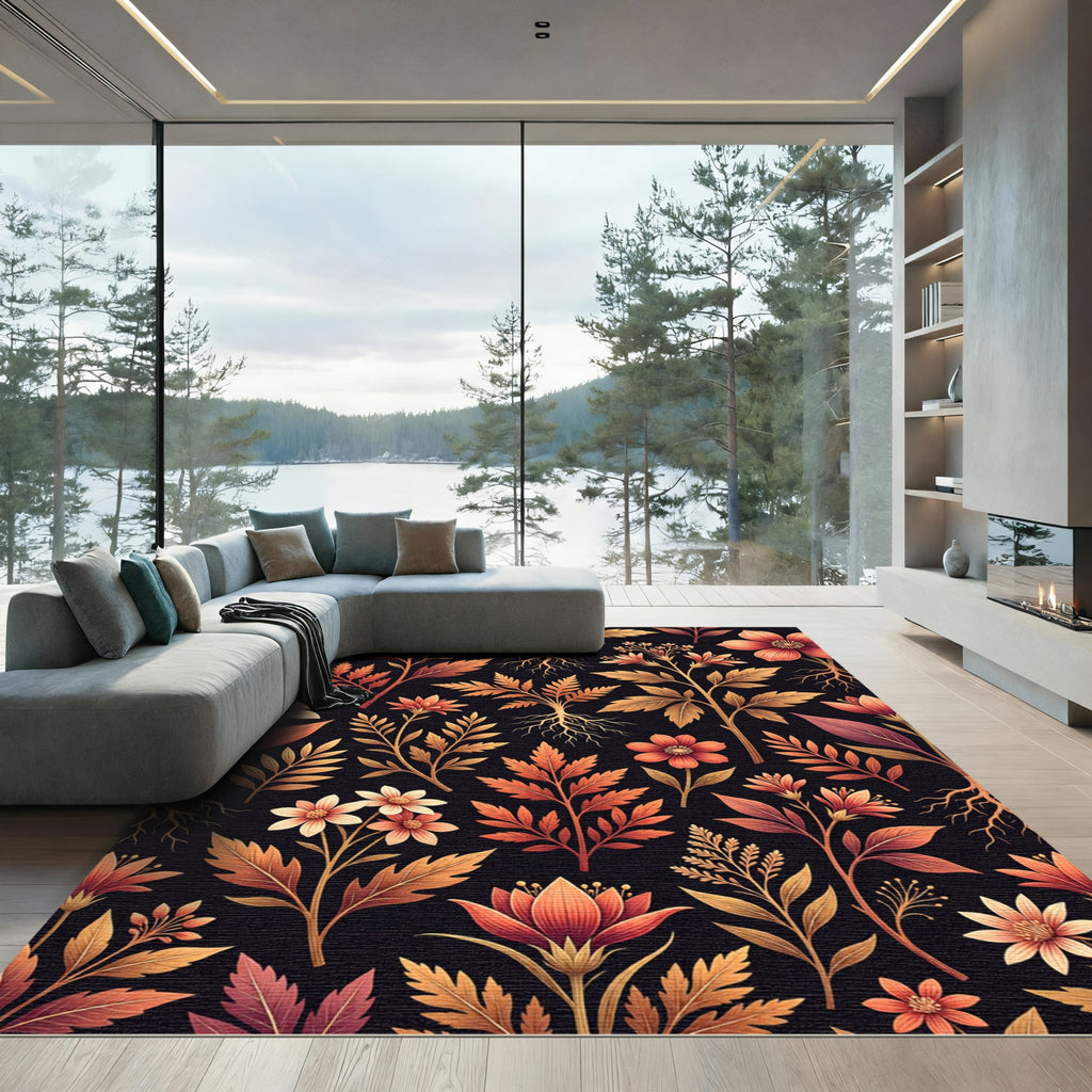 Earthy Botanical Gold and Crimson Floral Rug