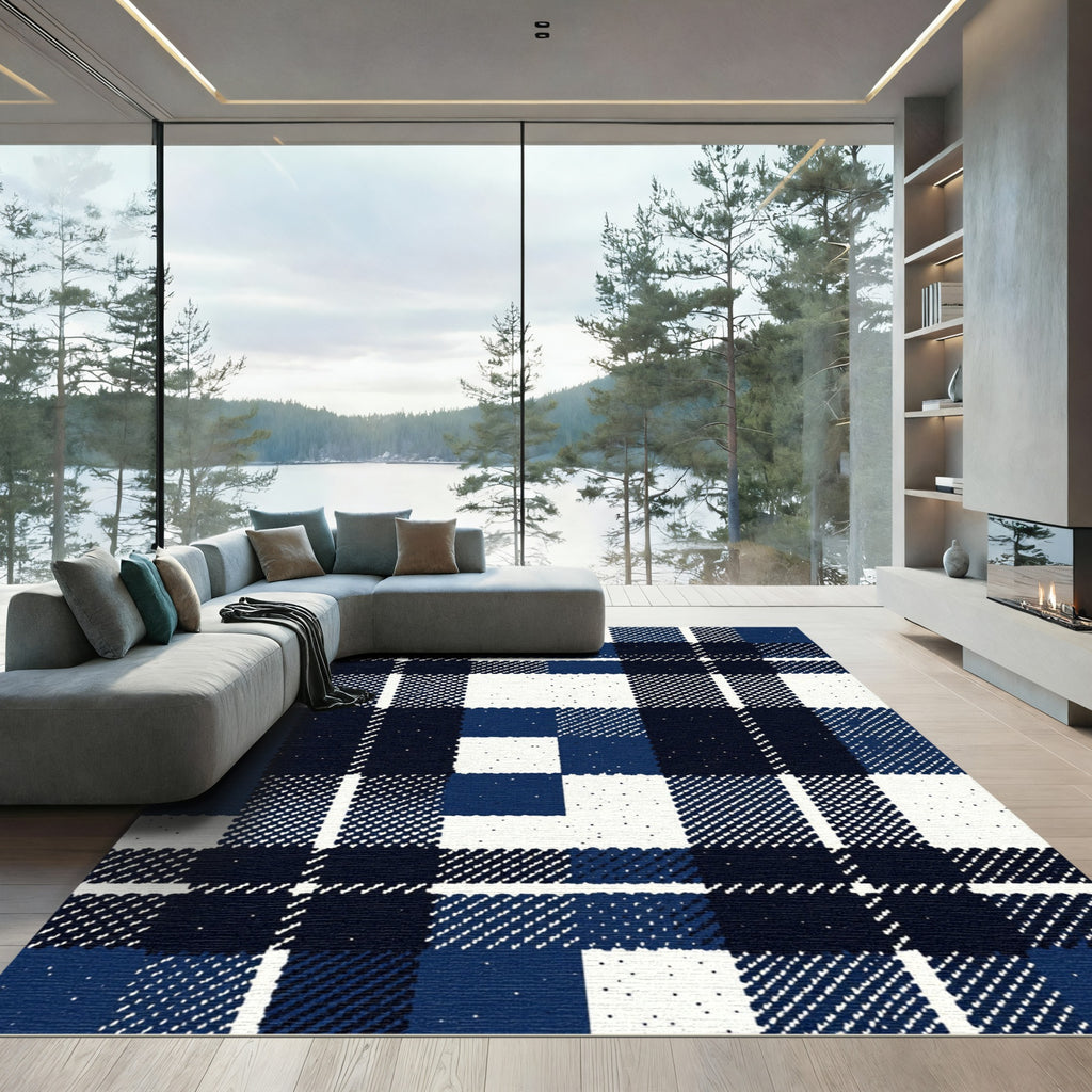 Navy and White Plaid Checkered Rug