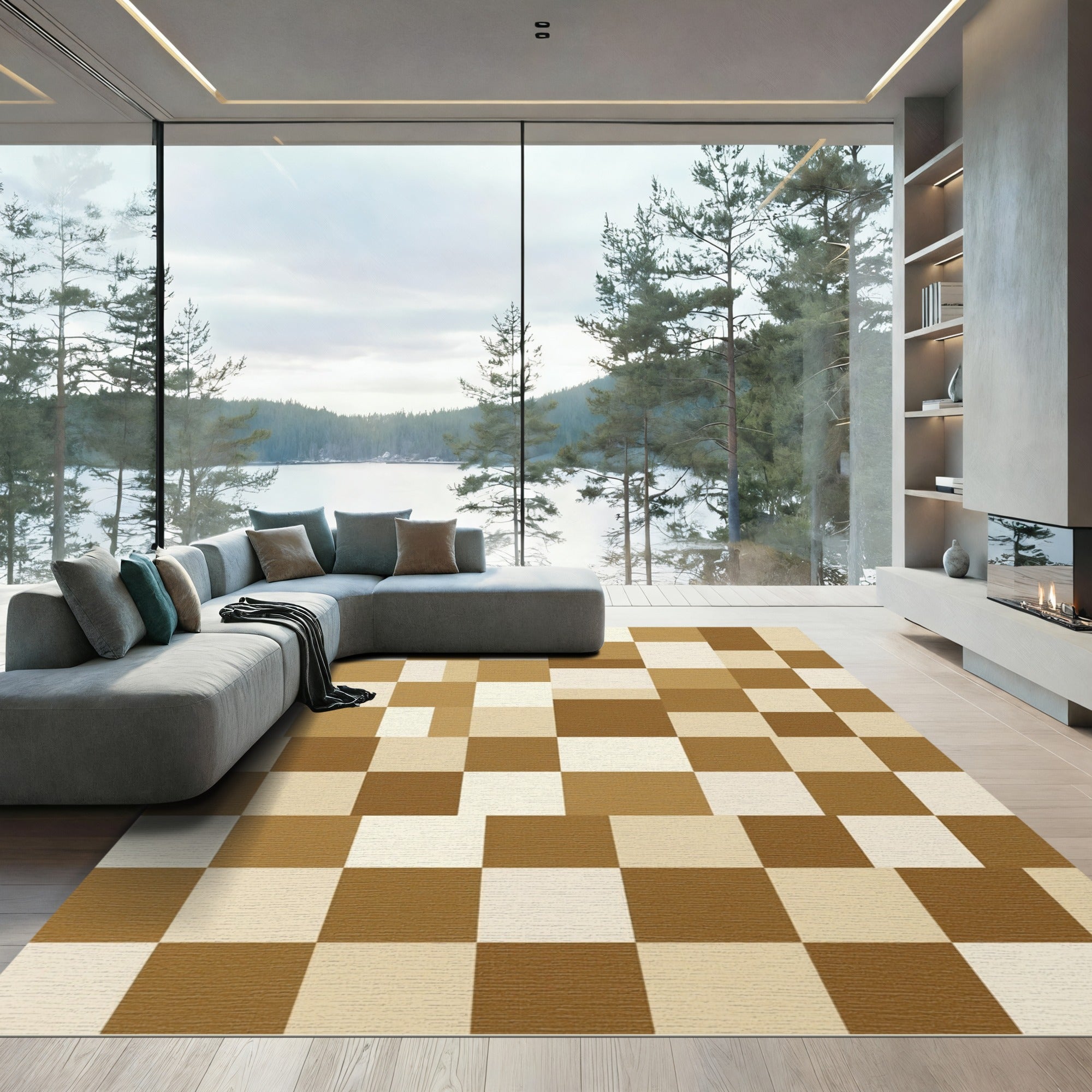 Subtle Brown Tan Checkered Mosaic Rug