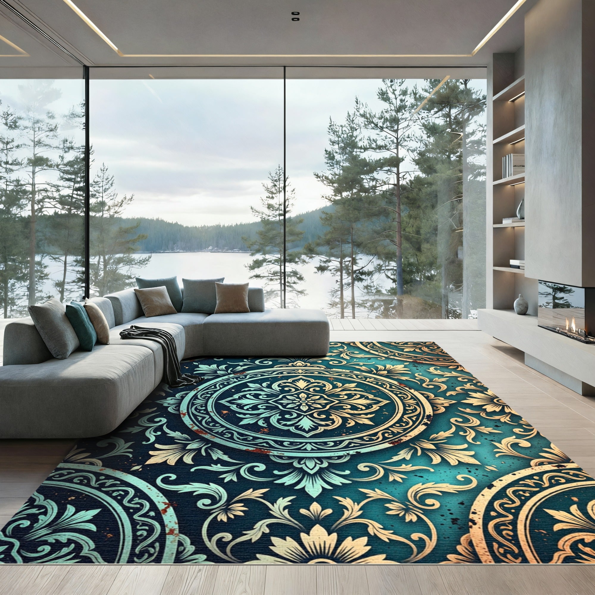 Aqua Teal Floral Medallion Relief Rug
