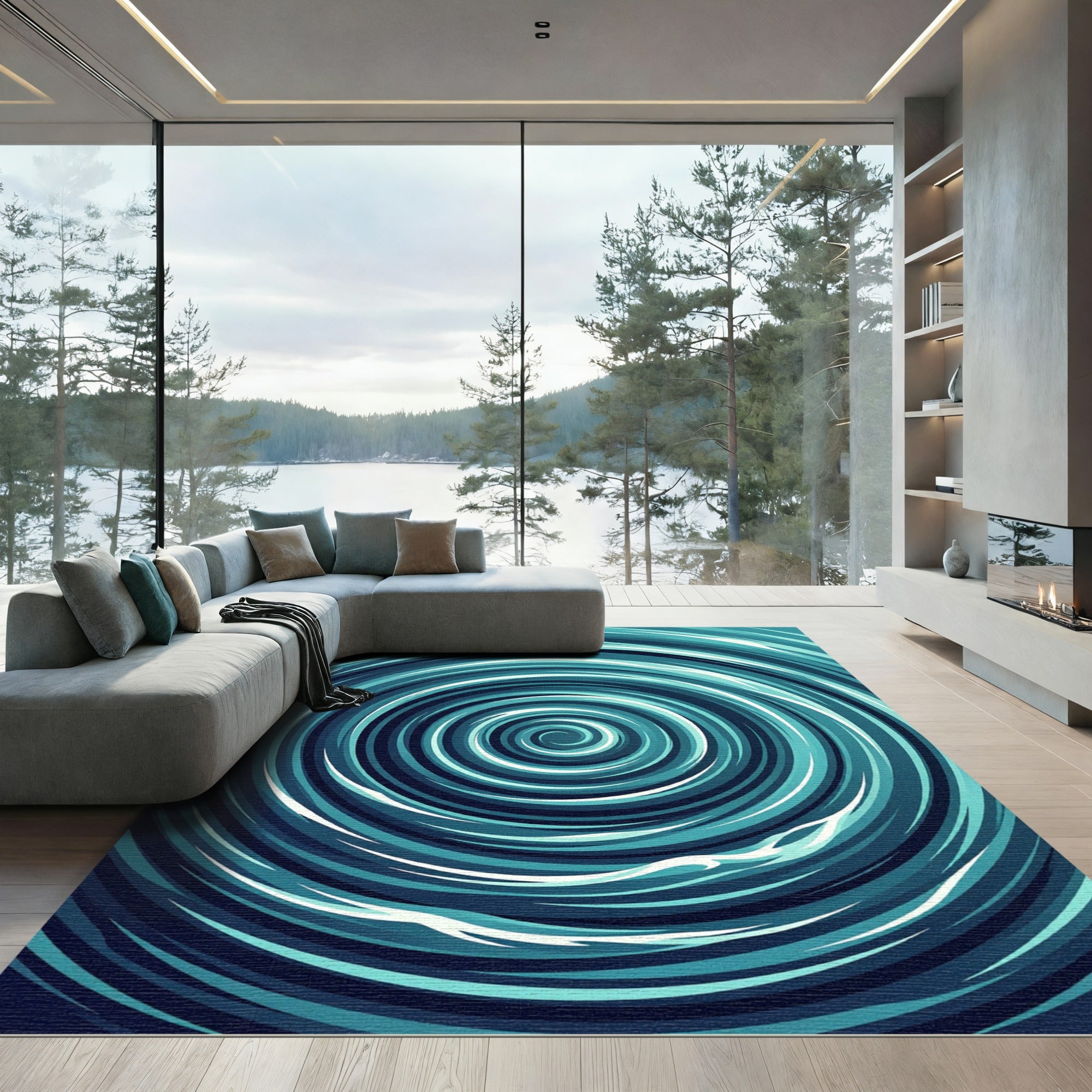 Deep Teal Swirl Abstract Rug