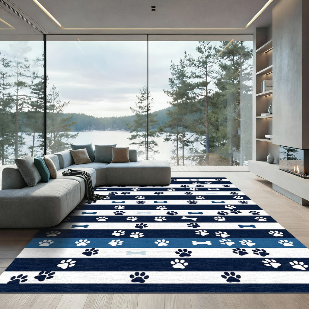 Navy Blue Striped Dog Paw Bone Rug