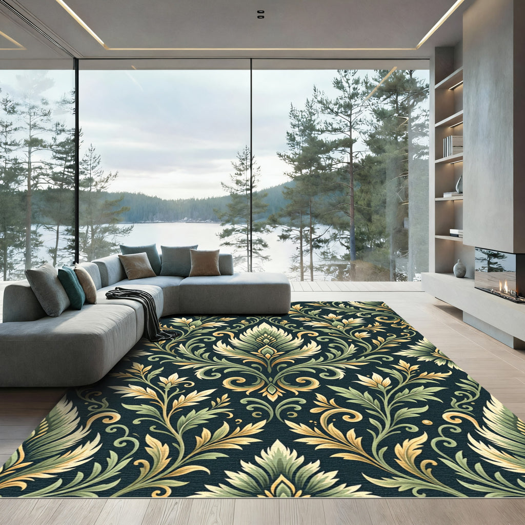 Ornate Green Gold Acanthus Scroll Rug