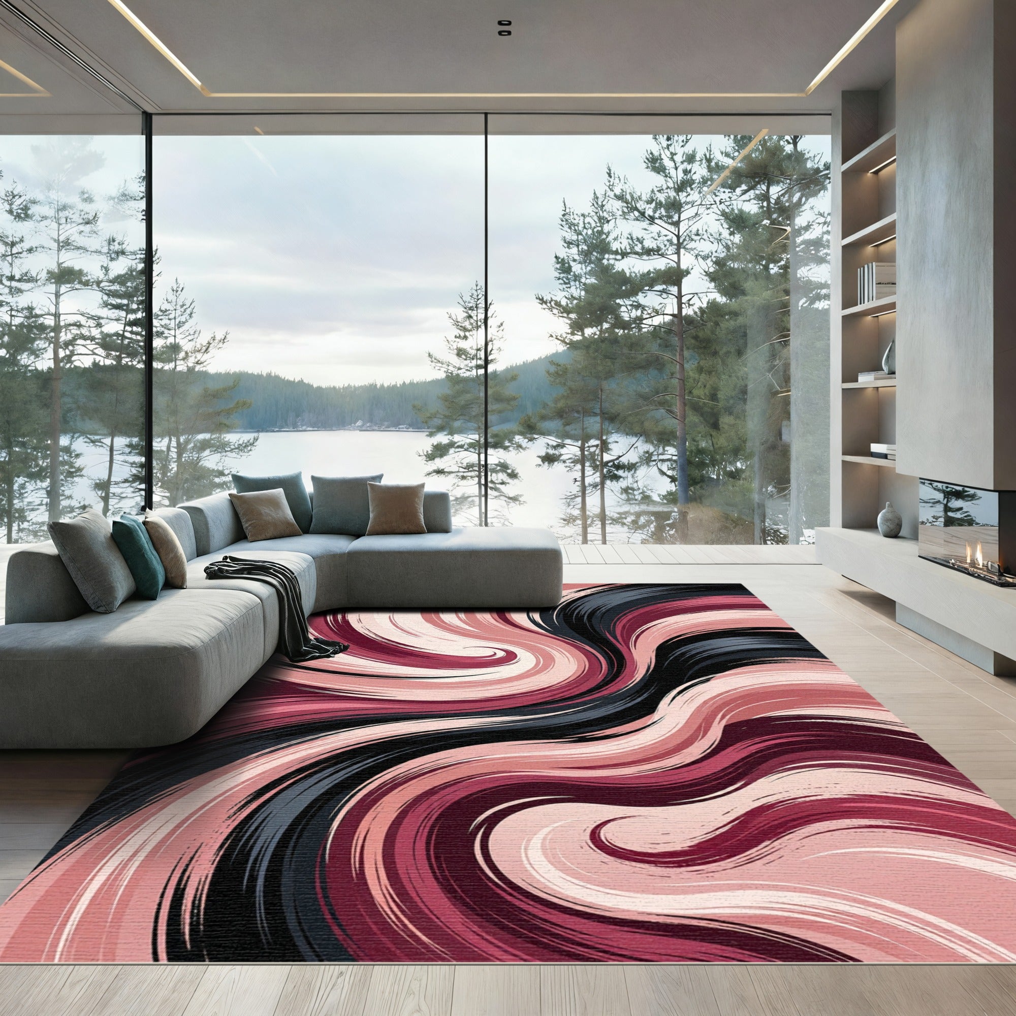 Abstract Blush and Midnight Swirl Area Rug