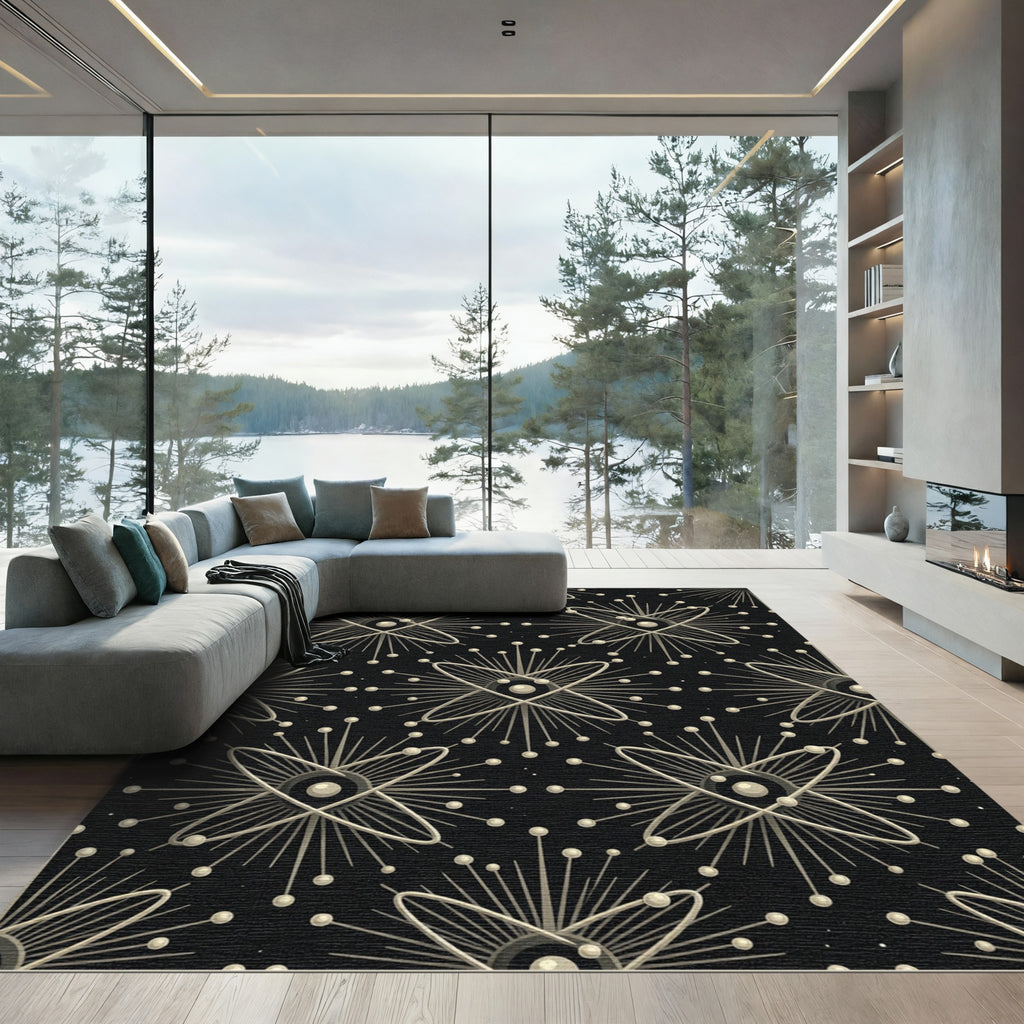 Black Atomic Burst Geometric Rug