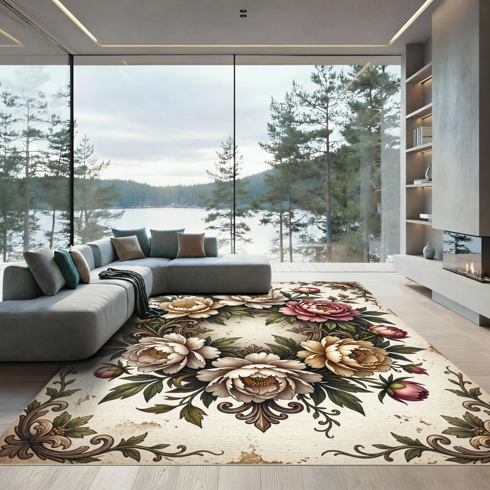 Vintage Cream Peony Floral Wreath Rug