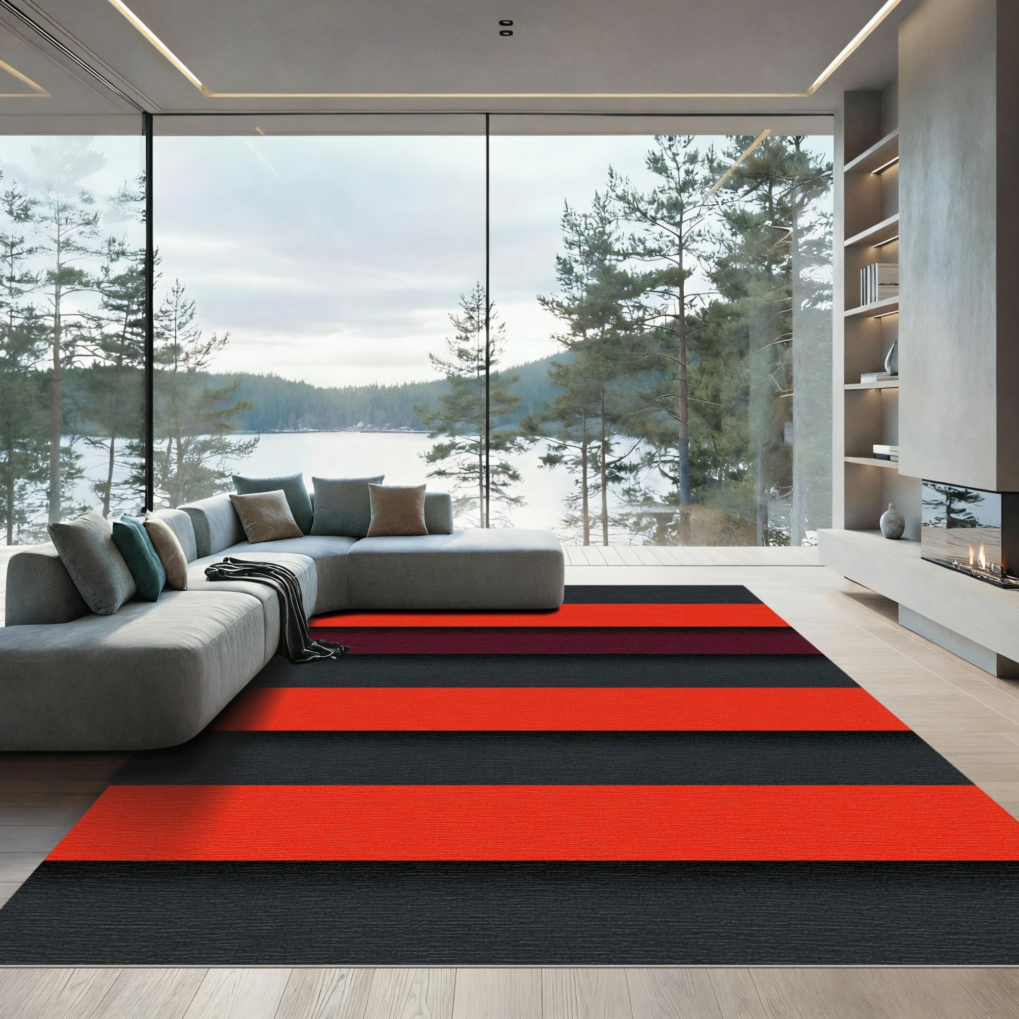 Bold Crimson and Charcoal Striped Minimalist Rug