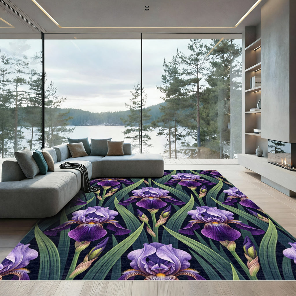 Vibrant Purple Iris Botanical Floral Rug