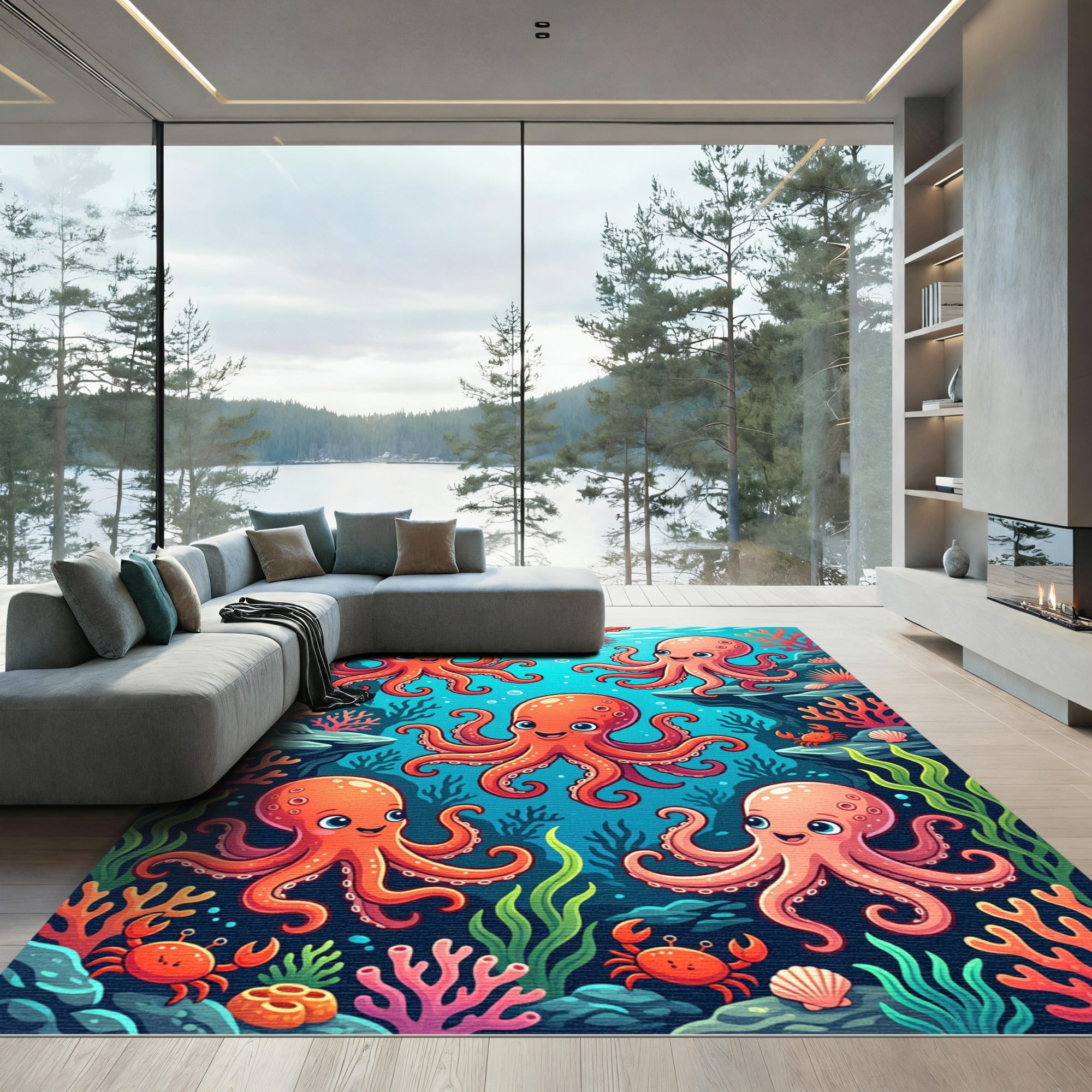 Playful Orange Octopus Coral Reef Rug