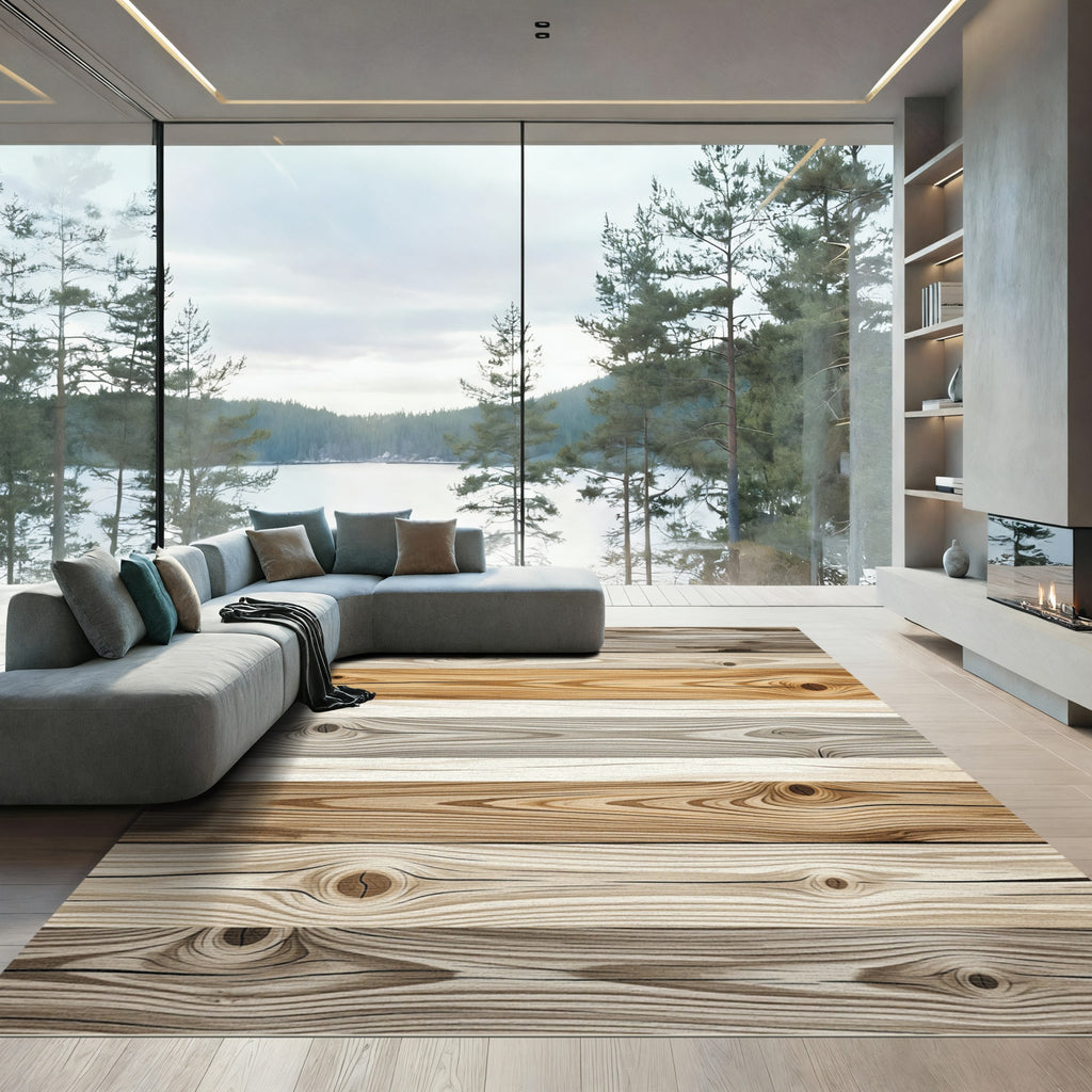Rustic Neutral Toned Horizontal Wood Striped Rug