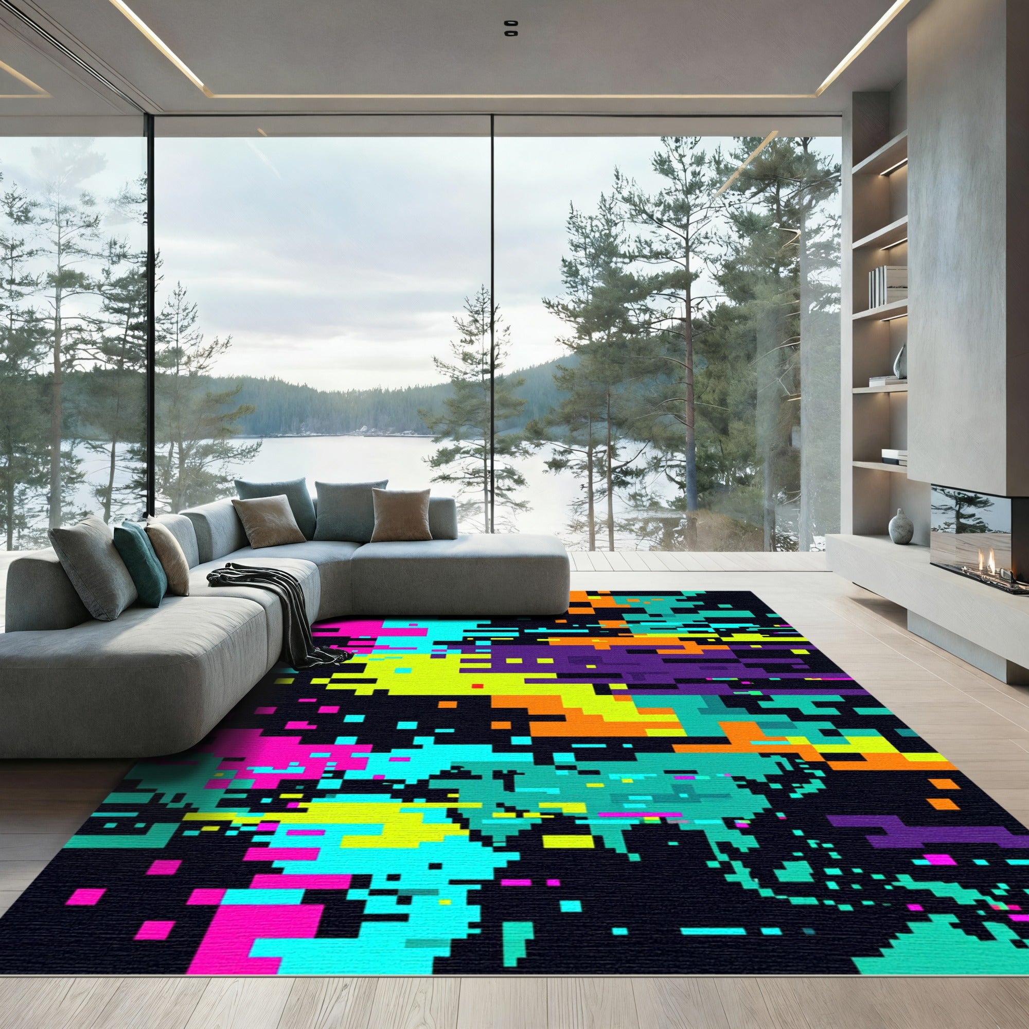 Neon Glitch Digital Pixel Art Abstract Rug