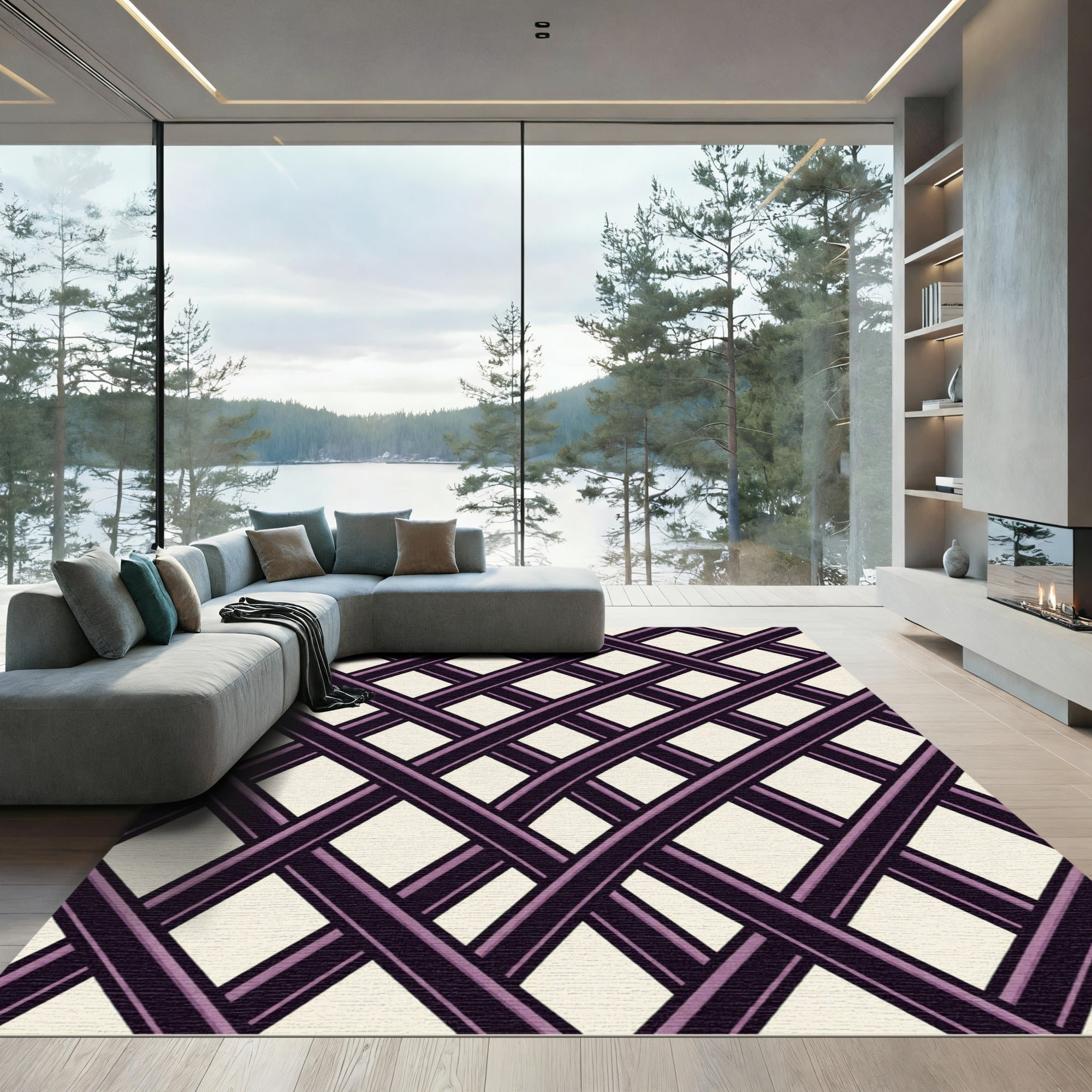 Geometric Plum Lattice Grid Rug