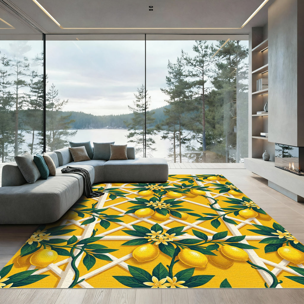 Sunny Lemon Trellis Floral Garden Rug