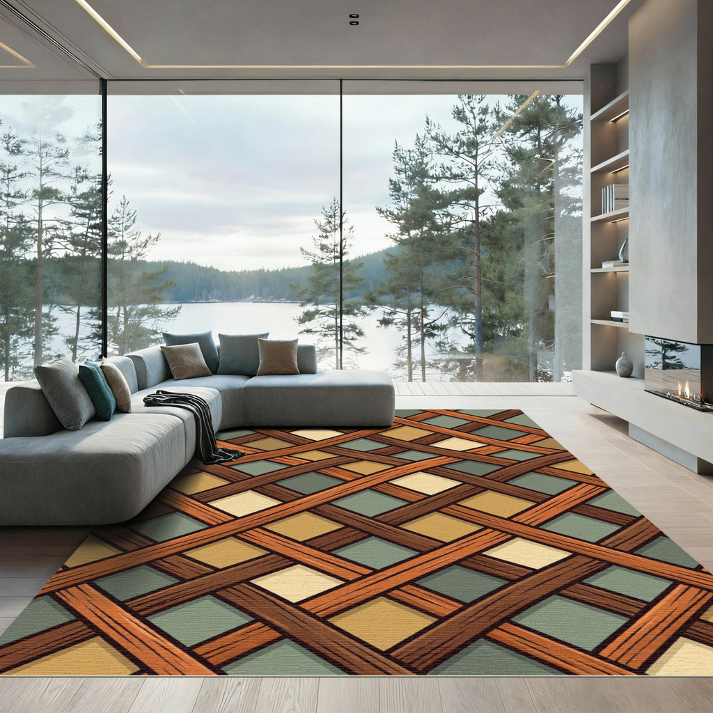 Woven Brown Ochre Sage Lattice Grid Rug
