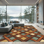 Woven Brown Ochre Sage Lattice Grid Rug