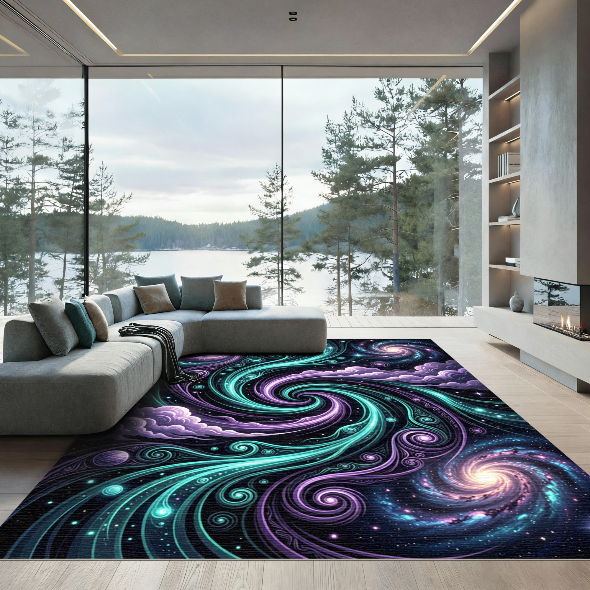 Cosmic Purple and Teal Swirling Galaxy Rug