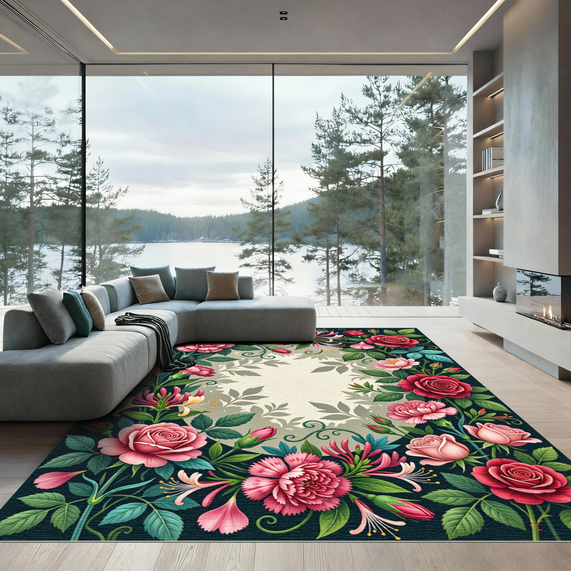 Crimson Rose Coral Pink Floral Garland Rug