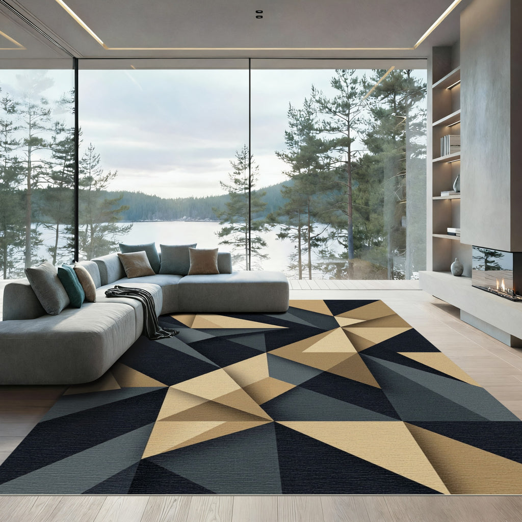 Modern Geometric Charcoal and Gold Abstract Rug