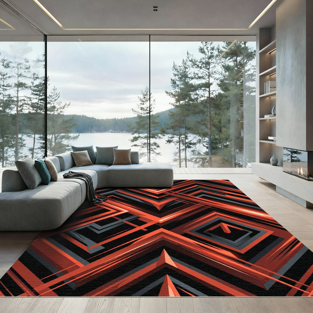 Bold Geometric Orange and Charcoal Intersecting Lines Rug