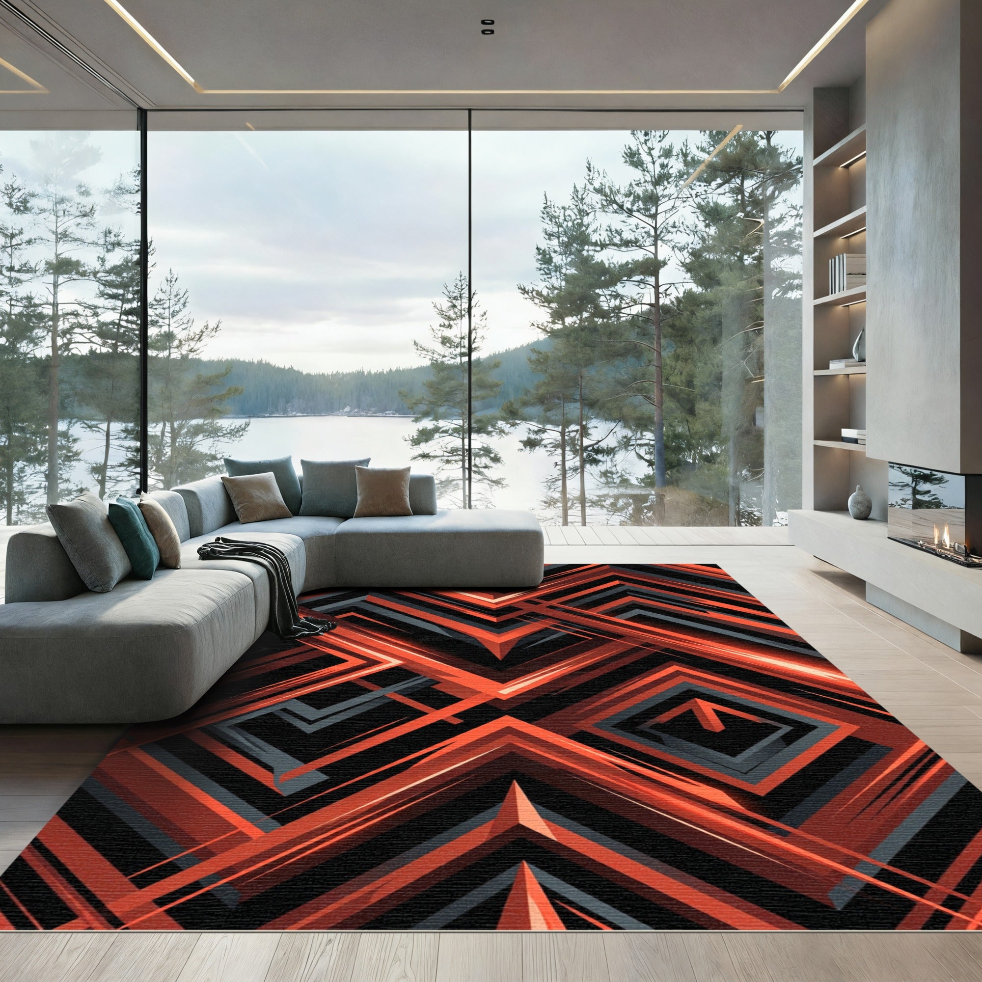 Bold Geometric Orange and Charcoal Intersecting Lines Rug