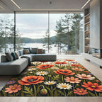 Vibrant Coral Poppy Meadow Garden Rug