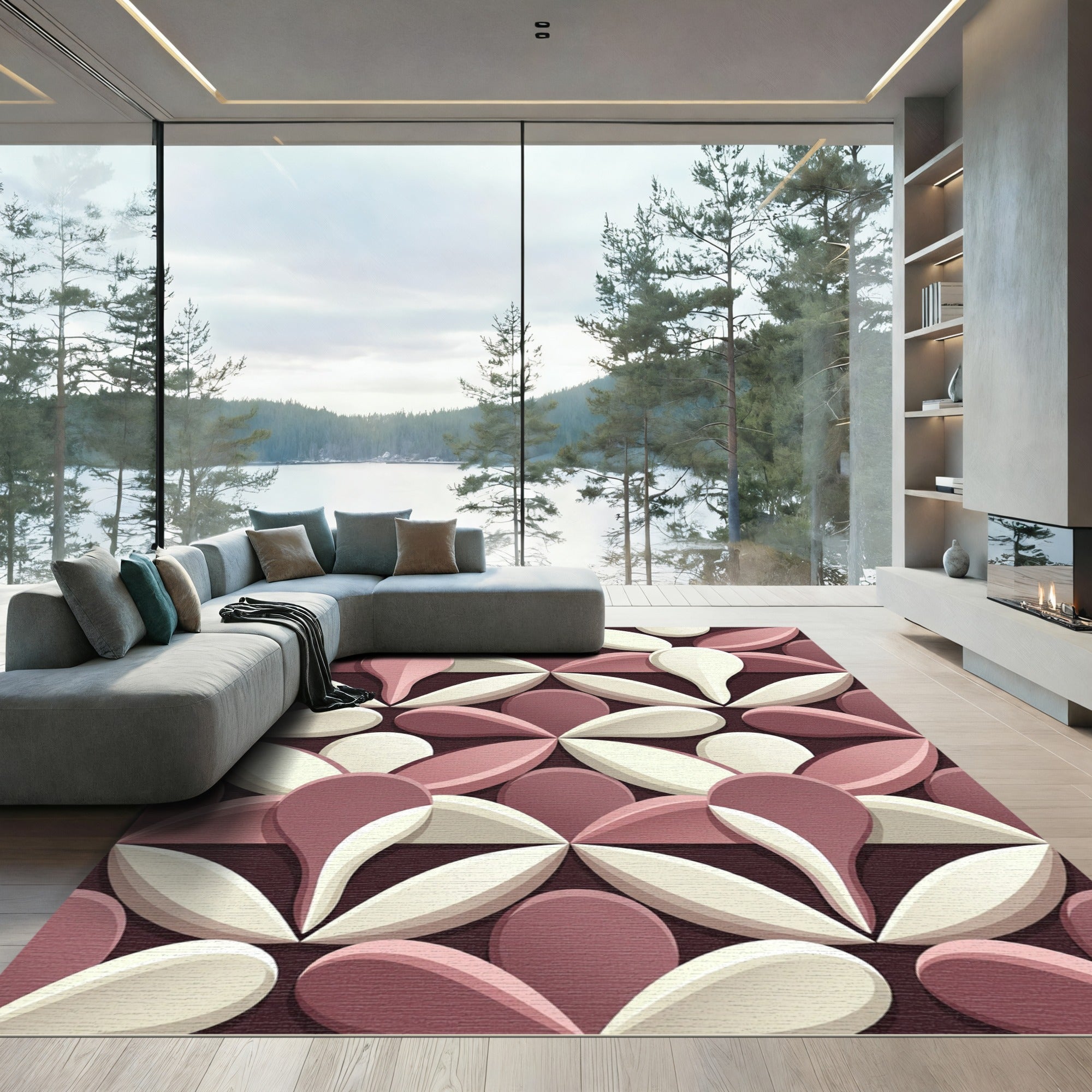 Modern Blush and Cream Petal Medallion Rug