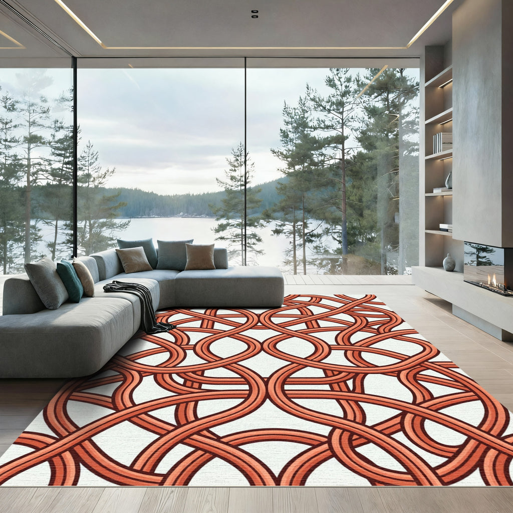 Terracotta Intertwined Linear Geometric Loop Rug