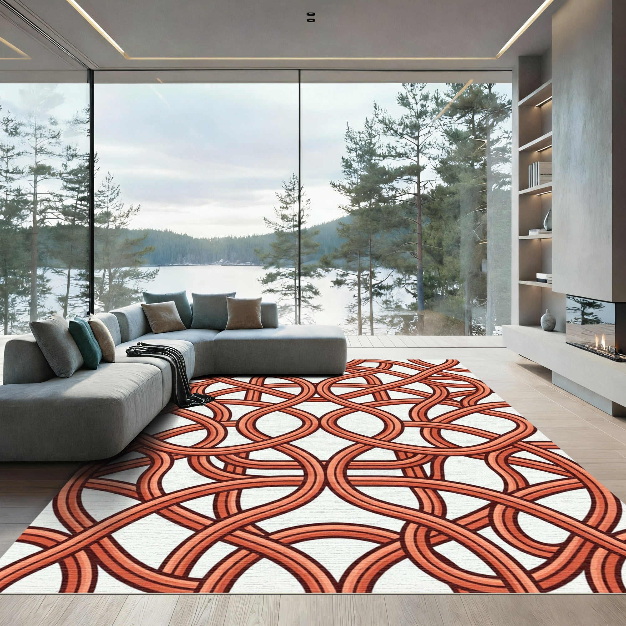 Terracotta Intertwined Linear Geometric Loop Rug