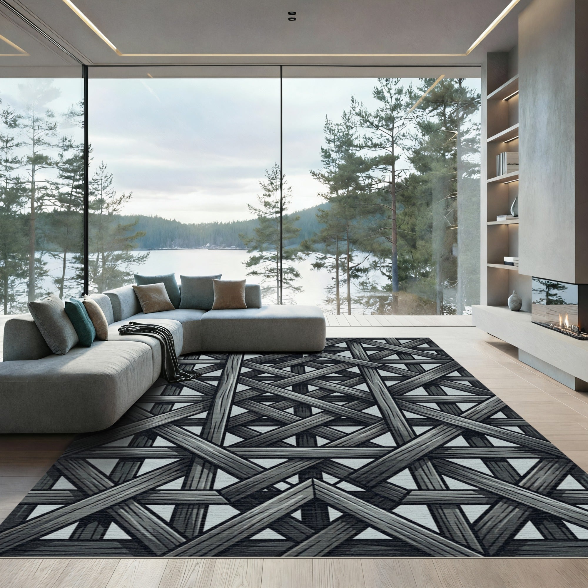 Monochromatic Interlocking Gray Wood Lattice Rug