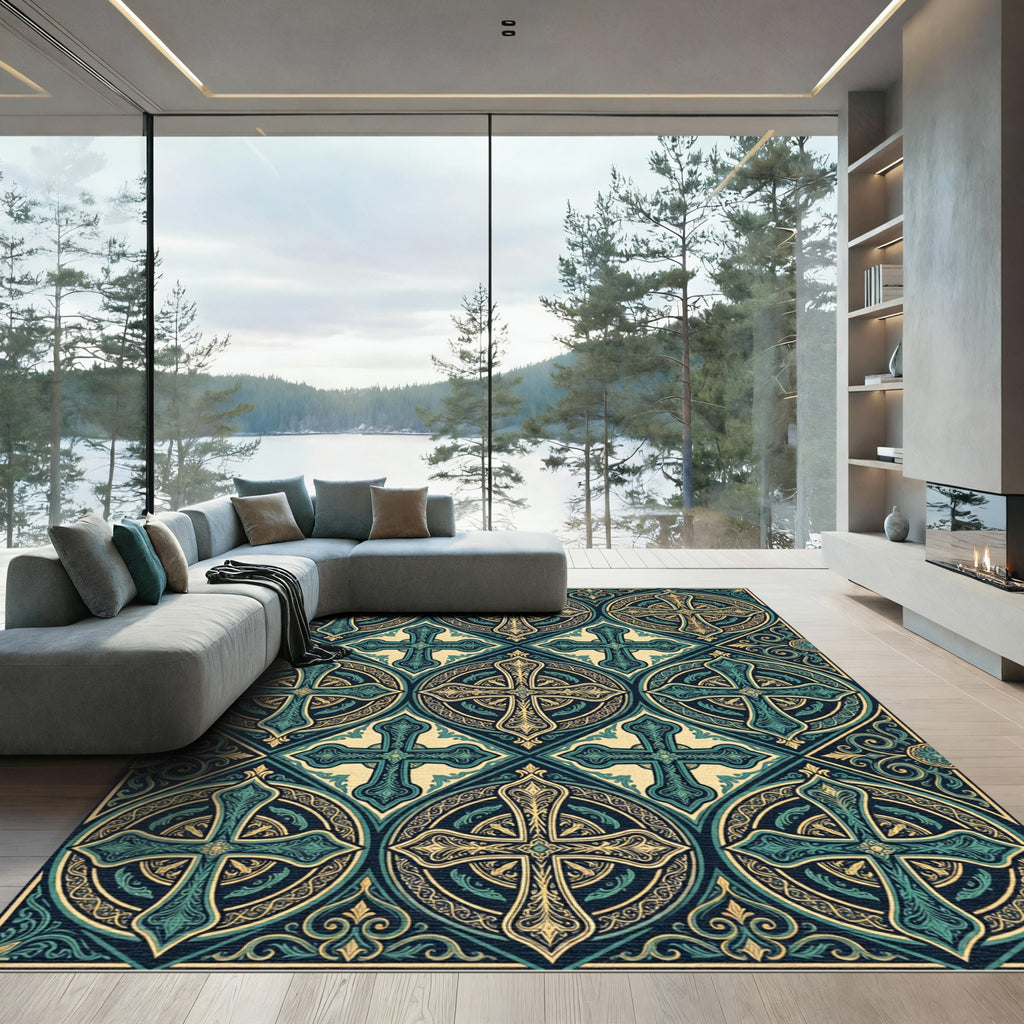 Emerald Teal Cross Medallion Pattern Rug